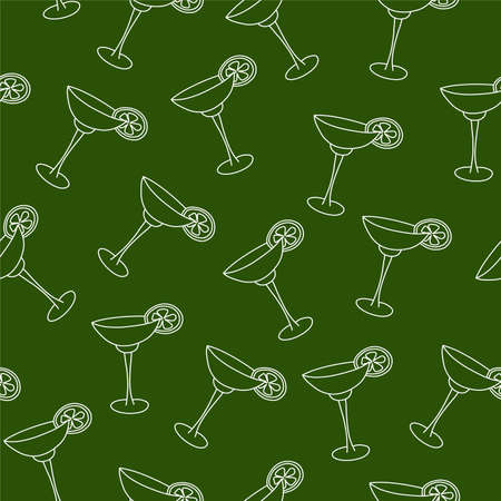 vector seamless pattern drink with ice alcohol margarita in a glass, cocktail on a green background for textile print and restaurant menuのイラスト素材