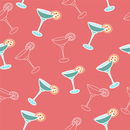 vector seamless pattern drink with ice alcohol margarita in a glass, cocktails on a red pink background for textile print and restaurant menuのイラスト素材