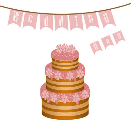 Big delicious wedding cake with pink flowers with decorations on holiday cream with flags and text lettersのイラスト素材
