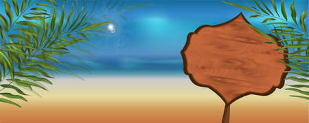 Vector banner for an advertising store on a beach beach background with sand and sky in summer with a wooden board frame for a text.のイラスト素材