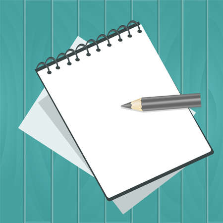 notebook note book with sheets with pencil on a wooden background turquoise blue boardのイラスト素材