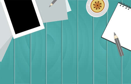 wooden table background with turquoise paper notepads notebook pencil and tablet with a cup of coffeeのイラスト素材