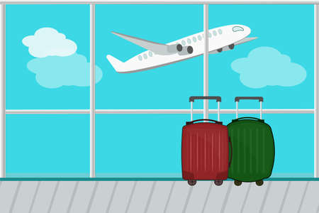vector illustration view from the airport window on to the runway with a flying airplane in the afternoon with blue sky and clouds with suitcases red and green for advertising and baigbordのイラスト素材