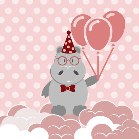 lovely cartoon greeting card for the holiday birthday or St. Valentine's Day with the animal hippopotamus gray with a bow and cap and balloons in the paws on a pink background in the peas in  glassesのイラスト素材
