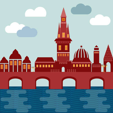 vector city european on coast with bridge houses tower of church and castle of red color on background of sky with cloudsのイラスト素材