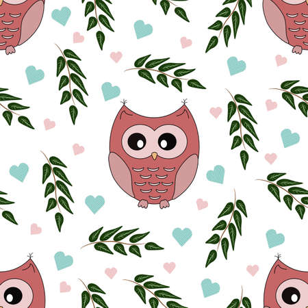 vector seamless pattern with a cute fluffy animal owl and with hearts and tree branches on a white background for the feast of the holiday valentines for printing and textilesのイラスト素材