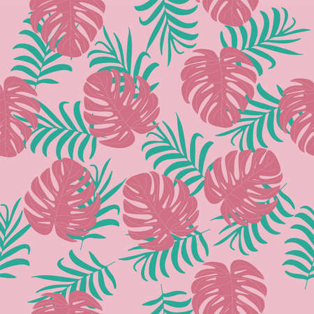 vector Hawaiian tropical summer seamless pattern with leaves of a palm tree green on a pink background for printing clothes and textilesのイラスト素材