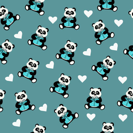 vector seamless pattern with an animal panda bear in gift surprise paws on a turquoise green background with hearts for a Valentine's day holidayのイラスト素材