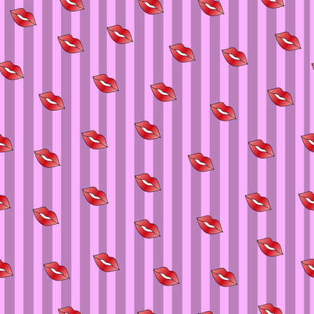 beautiful seamless pattern with a pattern of red lips on a pink background in stripes for a holiday in February, the day of St. Valentineのイラスト素材