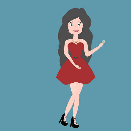 beautiful brunette girl in a red dress and sandals on a blue background is standing and smilingのイラスト素材