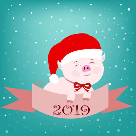 pink pig in a hat of Santa Claus with a red bow with a ribbon and numbers on a blue background on New Year's Eve and Christmas in December in winterのイラスト素材