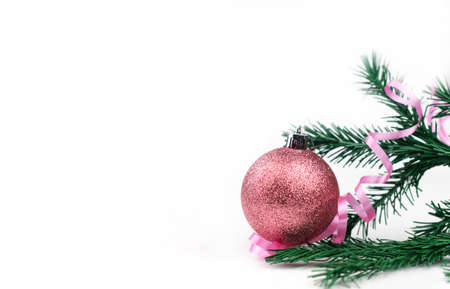Banner with Christmas tree and toys balls and serpentine on an isolated white background for the New Year and Christmas in the winter in Decemberの写真素材