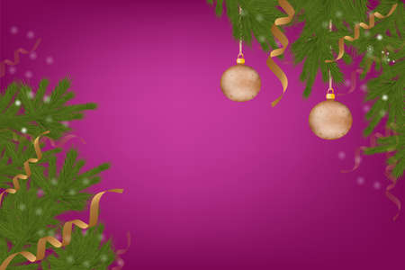 beautiful greeting card banner with a pink background with Christmas tree branches balls of golden color and serpentine and snow for the holiday new node in the winter in Decemberのイラスト素材