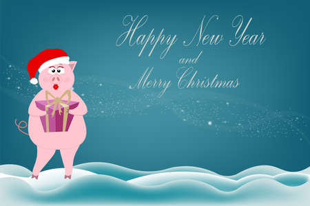 A beautiful pig girl pink stands in the snow and holds a gift box in a hat Santa Claus with a golden bow for the New Year and Christmas 2019 in the winter in December on a blue backgroundのイラスト素材
