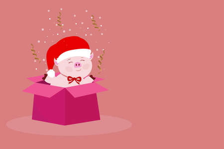 Beautiful pink pig in Santa Claus hat pulls out a gift box with a surprise on a rose background with serpentine and snow for the New Year and Christmas holidays in the winter in Decemberのイラスト素材