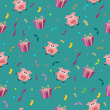 seamless birthday romantic pattern with pig and gift box with serpentine and on a turquoise background for Valentine's Day and the New Year and Christmas for textiles and printsのイラスト素材