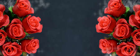 banner collage with red roses flowers and pearls on a black background on a valentine's day celebrations on March 8の写真素材