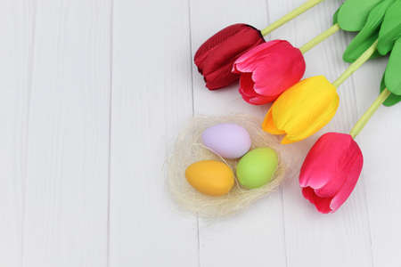 Easter painted eggs with a nest and flowers of tulips on a white wooden background for the holiday