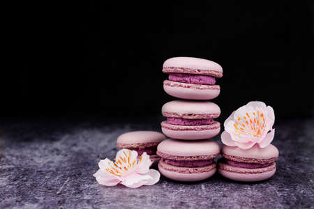 french macaron cookies dessert pink lilac on a dark black background with pink flowersの写真素材