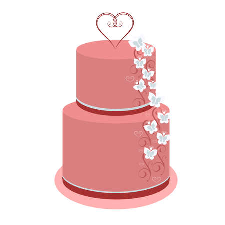 Wedding beautiful cake three-tiered pink with butterflies and hearts for the crowded newlyweds