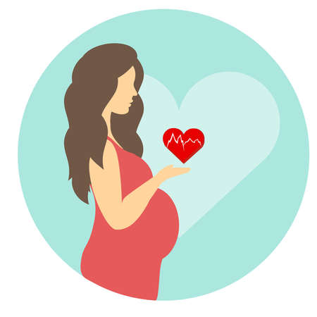 pregnant girl with a belly in a red dress with a heart in her hands takes care of the future babyのイラスト素材