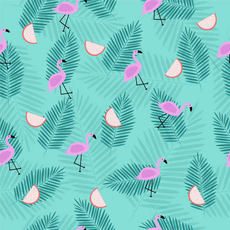 seamless tropical pattern with pink flamingo with palm branches and dragon fruit on green backgroundのイラスト素材