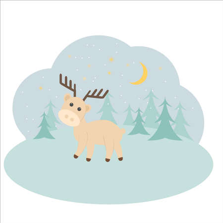 Beautiful greeting card with a cute cartoon animal deer with horns in the winter in the snow in the forest for the New Year holiday and Christmas for children with Christmas treesのイラスト素材