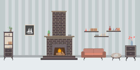 room interior with furniture with sofa cupboard dresser fireplace and books against the striped gray wallのイラスト素材