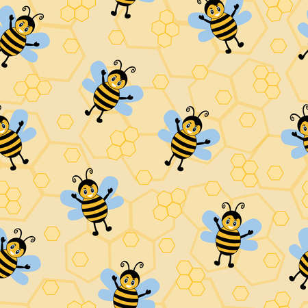 seamless pattern with bee wasp striped yellow insect with honeycombs for textilesのイラスト素材