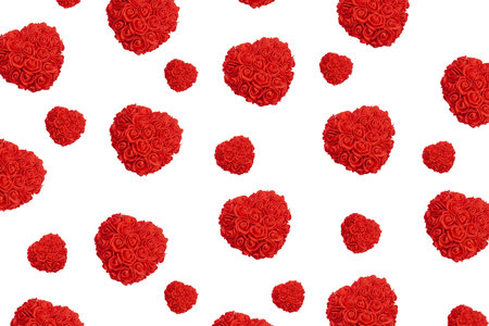 repeating pattern of red hearts of roses for a surprise gift on a white background for the holiday...
