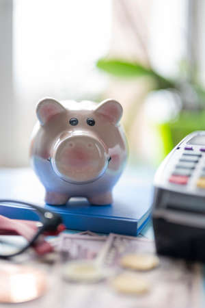 pink piggy bank for money savings coins with dollar bills and payment terminal for cashless payment