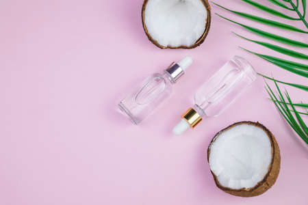 cosmetics in glass bottle elixir with dispenser palm leaf on pink backgroundの写真素材