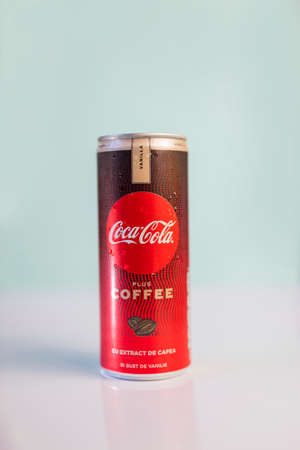 Kiev Ukraine February 21, 2020 advertising drink jar coca cola vanilla with drops on a light backgroundのeditorial素材