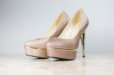 beautiful stylish elegant high heel shoes for woman shiny with sequinsの写真素材
