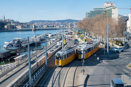 August 19, 2020, Budapest, Hungary. street view of the center of the capital city with tramsのeditorial素材