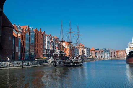 29 September , 2020 - Gdansk Poland. view of the city and the river MotÅ‚awa with a pirate ship...