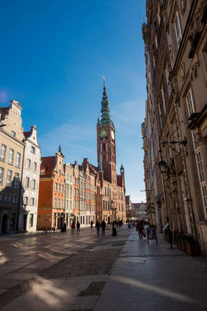 August 29, 2020, Poland Gdansk, street view of the old town hall in the old town in the center of...