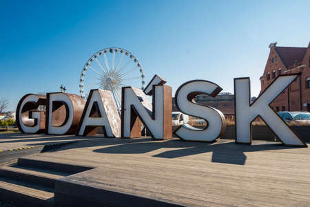 big letters Gdansk in the city center on the embankment in Poland