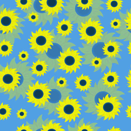 seamless pattern with botanical flowers yellow sunflowers on a blue backgroundのイラスト素材