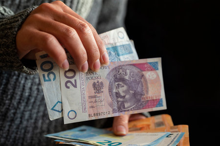 the girl holds in her hands banknotes money polish zlotys and pennies coins salary for payment