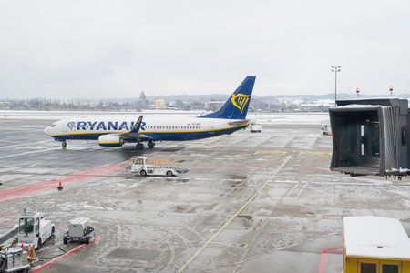 Gdansk Poland, November 19, 2022. view of the runway and maintenance of the Ryanair low-cost aircraft at the airportのeditorial素材