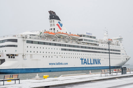 Tallinn Estonia, November 20, 2022. view of the cruise ship talling big ferry on the shore of the Baltic Sea in the port for the transport of passengers and carsのeditorial素材