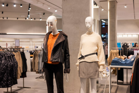 mannequins on display in a store with clothes in a shopping centerの写真素材