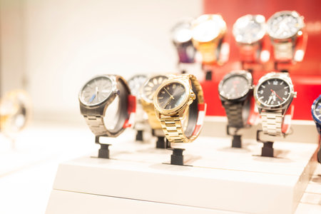 Beautiful jewelry stylish wrist watch on a shop window
