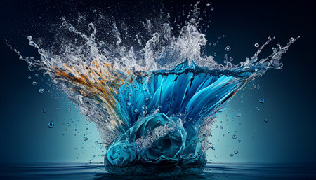 splashes of clean transparent water with drops on blue background .Generative AIの素材