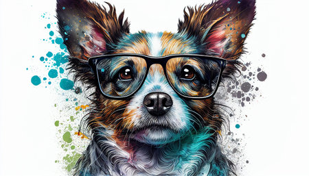 cute dog with glasses painting with color blots and spots .Generative AIの素材