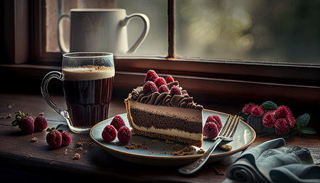 a piece of cheesecake cake with chocolate and raspberries near the window on the table .Generative AIの素材