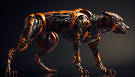cinematic iron robot warrior dog ..Realistic futuristic machine artificial intelligence stands with its back .Ai generatedの素材