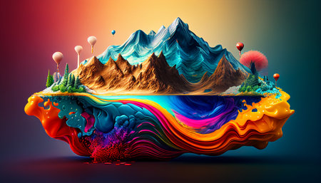layout of half of the earth with mountains and landscape and multi-colored paint. Preservation of the ecology and cleanliness of the planet. .Ai generatedの素材