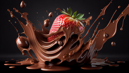 ripe strawberries fall in into hot chocolate .Splash chocolate with splashes on black background. AI generatedの素材